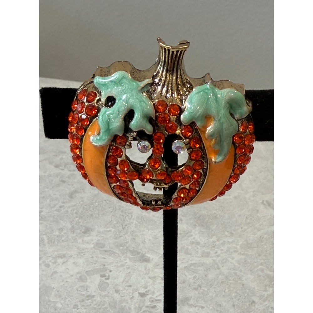 Halloween Pumpkin Jack-O-Lantern Rhinestone Enamel Brooch Pin Orange Gold Tone